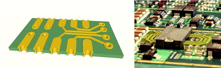 3D rendering of a planar PCB transformer module with castellated edge contacts, showing the top coil pattern and ferrite core mounting area