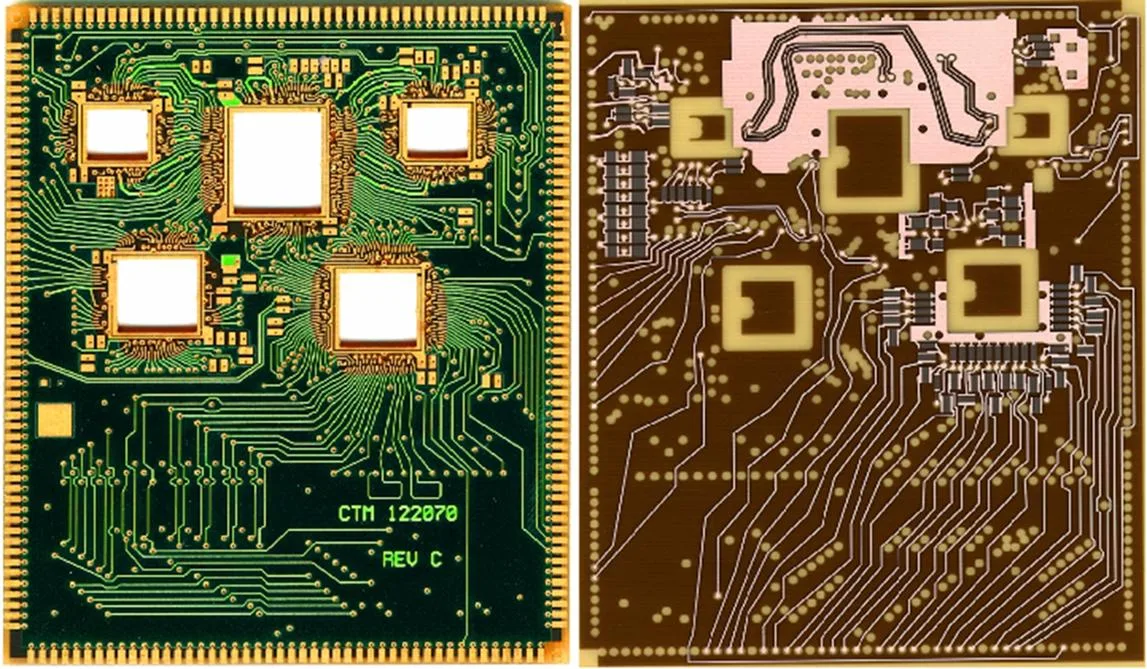 Top and bottom views of a PCB with embedded Ohmega-Ply resistors, showing dense routing with resistor elements integrated into inner layers