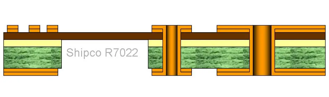 R7022 – 2-layer rigid-flex: flex polyimide core with rigid FR-4 sections (single lamination)